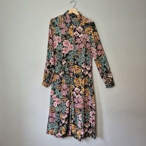 Monki Floral Tie-Waist Long Sleeve Dress Size M